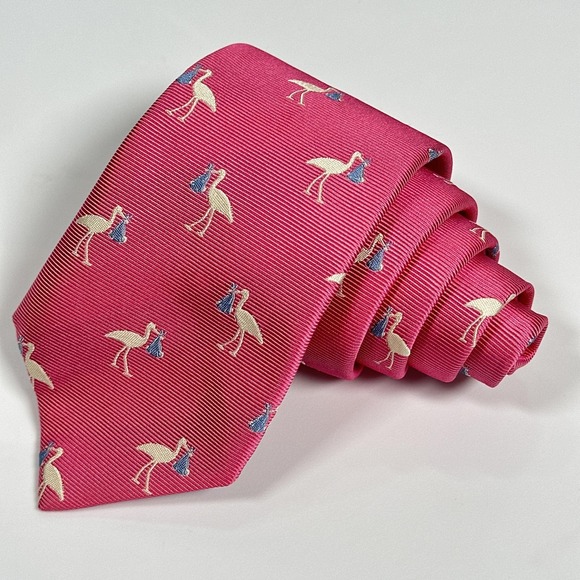 Ben Silver Tie Mens Silk Pink Stork Novelty Baby Shower Made England Necktie - Picture 1 of 8
